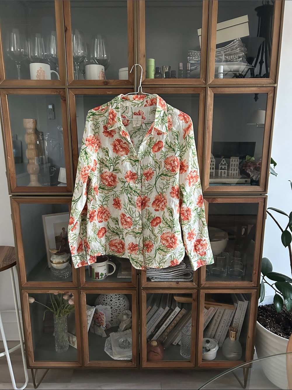 Joie 100% Linen Floral Button-Up Shirt - White with Coral Floral Print